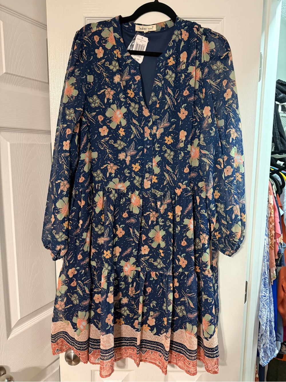 indigo soul Navy Floral Long Sleeve Tiered Dress with Peach Accents